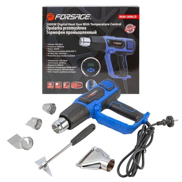 Фен промышленный электрический с дисплеем и насадками (220В,50/60Гц,2000Вт, 60-600С°, 300-500л/мин,класс защиты-двойная изоляция)
