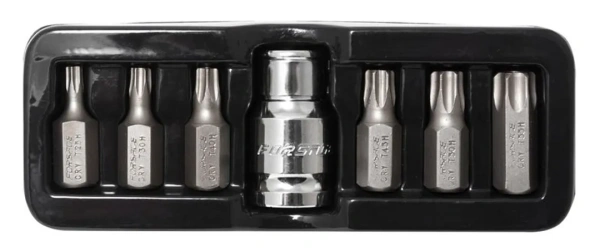 Набор бит TORX с отверстием и битодержателем,7пр.1/2''(L:30мм,Т25,Т30,Т40,Т45,Т50,Т55), в ложементе