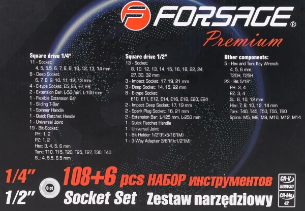 Набор инструментов 108+6пр.1/4''1/2''(6гр.)+(гол.-бита1/4'':T40