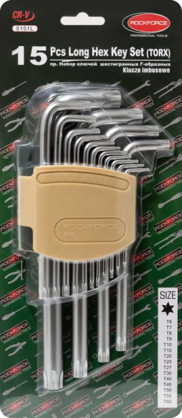 Набор ключей Г-образных TORX длинных, 15пр.(Т6, Т7, Т8, Т9, Т10, Т15, Т20, Т25, Т27, T30, T40, T45, T50, T55, T60)в пластиковом держателе