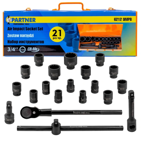 Набор инструментов ударных 21пр. 3/4''(12гр.)(17,19,21,22,24,27,30,32,34,35,36,36-6гр.,38,41,46,50мм), в метал.кейсе