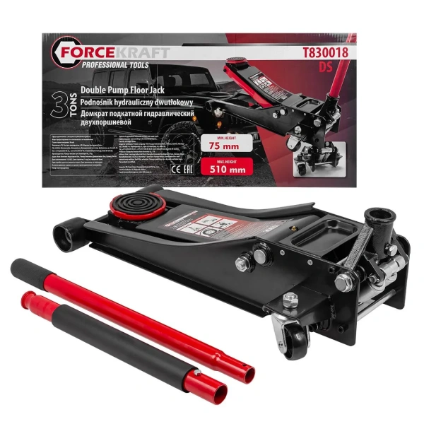 Домкрат подкатной гидравлический двухпоршневой 3т низкопрофильный с прорезиненной накладкой на рукоятке (h min 75мм, h max 510мм)