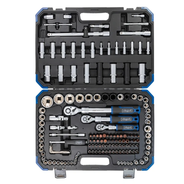 Набор инструментов 150+6пр.1/4''3/8''1/2''(6-гр.)(4-36мм, 3/8'':10-19мм 12гр., 1/2'':27,30,32,36-12гр.)+(биты 5/16'':М6,8,10,12,14, гибкий удлинитель 1/4'')