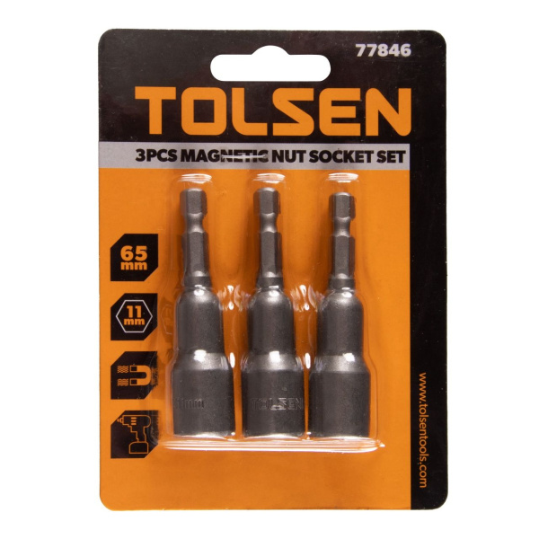 Набор головок для шуруповерта шестигранных 1/4", 11 мм, 65 мм, магнитных 3 предмета TOLSEN TT77846