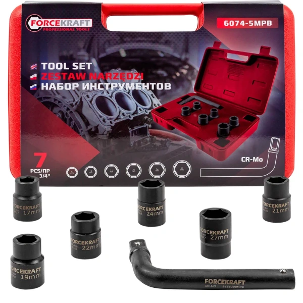 Набор инструментов 7пр. 3/4''(6гр.) (17,19,21,22,24,27мм + вороток200мм) в пласт. кейсе