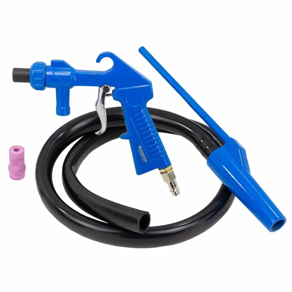 Пневмопистолет пескоструйный шлангового типа (2 сменных сопла, вход 1/4'', шланг 1м, расход воздуха 180л/мин, давление 6бар) в блистере