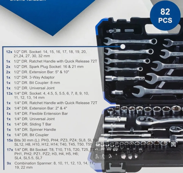 Набор инструментов 82пр. 1/4'', 1/2''(6-гр.) (4-32мм)