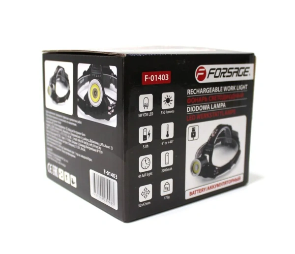 Фонарь светодиодный аккумуляторный налобный (5W COB LED1500Lm,,2000mAh,зарядка12V,время раб.4ч,время заряд.6ч,защита гнезда зарядки)