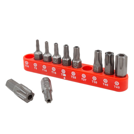 Набор бит TORX с отверстием 10пр. 1/4''(TН 7,8,9,10,15,20,25,27,30,40-25мм),в блистере