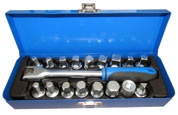 Набор для маслосливных пробок,3/8''18пр(насадка 6-гр:8,9,10,12,14,17мм насадка 4-гр:7,8,10,11,12,13,14мм,5/16'',3/8''гол. 4-гр 10мм насадка 3-гр 10мм)