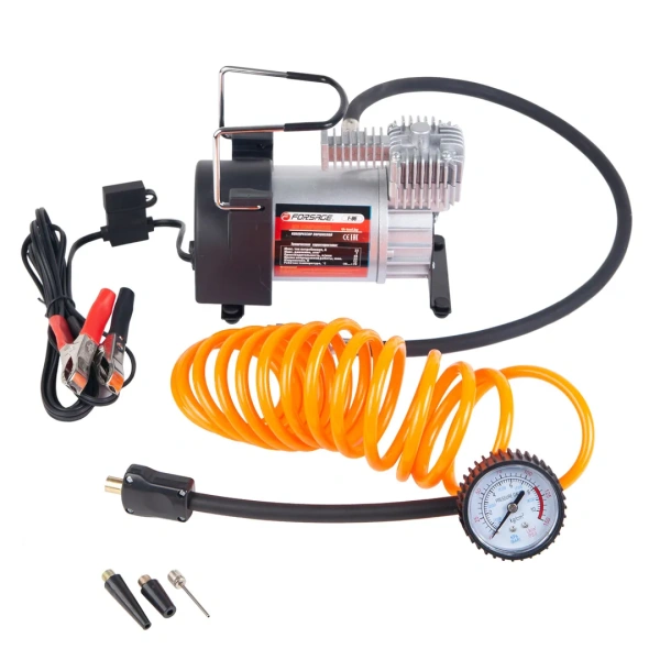 Компрессор поршневой автомобильный с витым шлангом F-95 ''FORSAGE''(45л/мин, 23А) 12V(питание на клеммы)