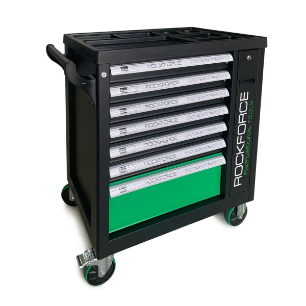 Тележка инструментальная 7-ми полочная (зеленая), с дополнительной боковой секцией, 600х790х970 (полки:65х500х395-6шт,200х500х395мм-1шт)