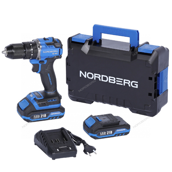 Шуруповерт аккумуляторный NORDBERG NE106K (макс.диам. сверла 13 мм, 21 В, 70 Нм, 2 аккумулятора и зарядное устройство)