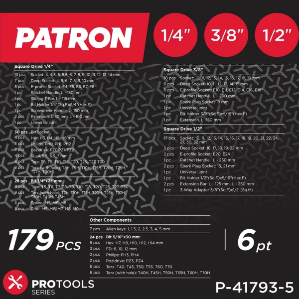 Набор инструментов 179пр. 1/4'', 3/8'', 1/2''(6гр.)