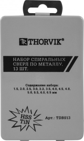 Набор спиральных сверл TDBS13 по металлу HSS TiN в металлическом кейсе, d1.5-6.5 мм