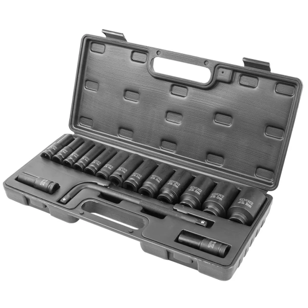 Набор головок ударных глубоких с Г-образным воротком 1/2''15+1пр.(6-гр)(10,12,13-17,19,21,22,24,27,30,32мм,36мм-12гр),в кейсе