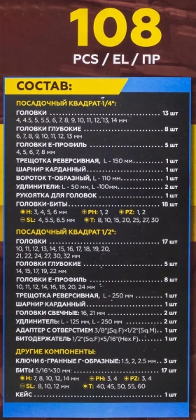 Набор инструментов 108пр. 1/4'',1/2''(6гр.)(4-32мм)