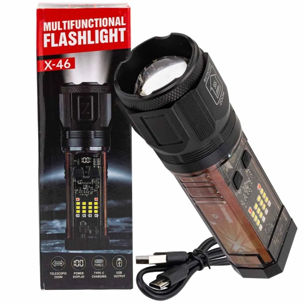 Фонарь ручной аккумуляторный с солнечной панелью (6 режимов работы, аккум. 1800мАч, 15Вт, время работы 2-6ч, время зар. 4ч, max расстояние 2000м)