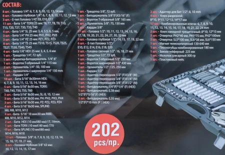 Набор инструментов 202пр.1/4''&3/8''&1/2''(6-гр.)(4-32мм)