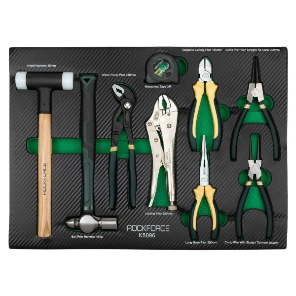 Набор шарнирно-губцевого инструмента в комплетке с молотками и рулеткой 9пр.(утконосы,бокорезы,сьемники стоп.колец,пассатижи,гейф.зажим) в ложементе