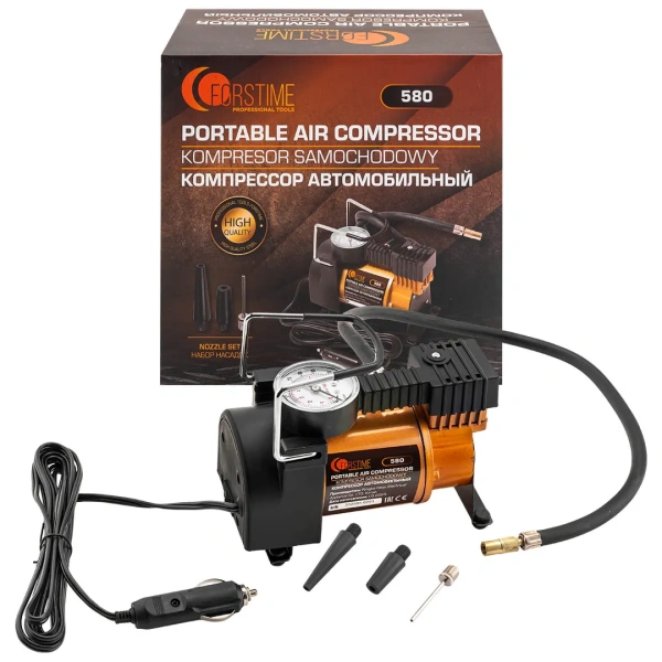 Компрессор автомобильный поршневой одноцилиндровый с аналоговым манометром (12В, 10А, 30л/мин, 7бар) в комплекте с переносной сумкой