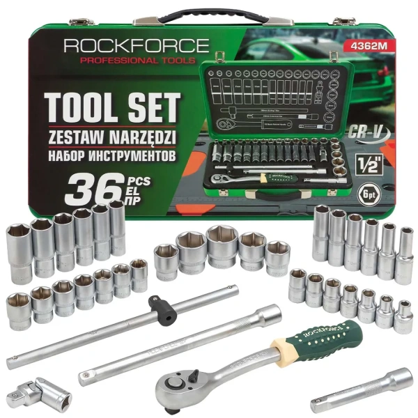Набор инструментов 36пр. 1/2''(6гр.) (8-32мм, Cr-V), в металлическом кейсе