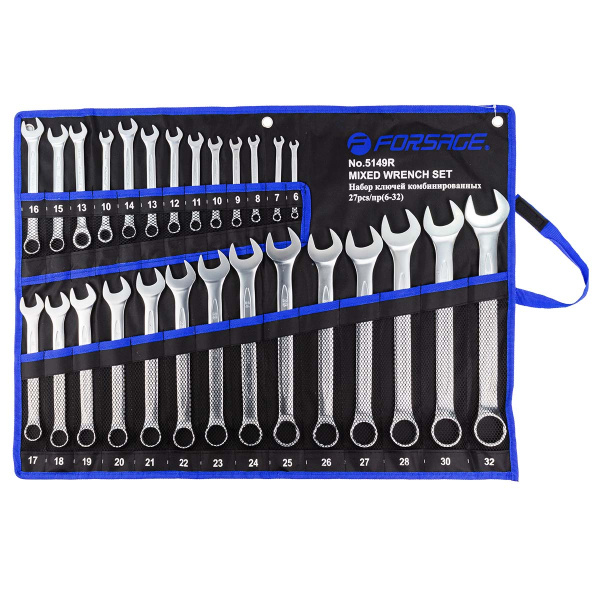 Набор ключей комбинированных 27пр.(6-28,30,32мм+ключи трещоточные 10,13мм) на полотне