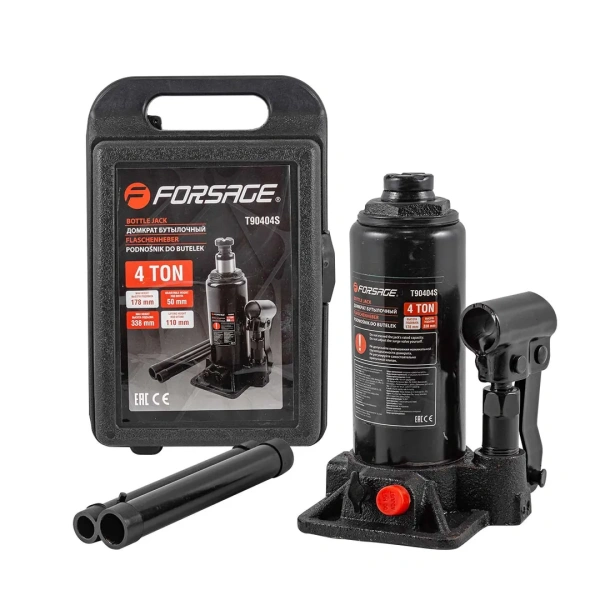 Домкрат бутылочный гидравлический с клапаном 4т (h min-178мм, h max-338мм, ход штока-110мм, ход винта-50мм) в кейсе