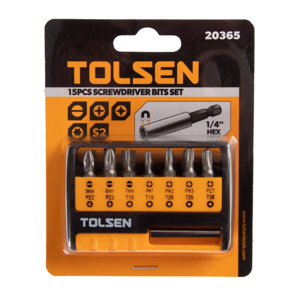 Набор вставок (бит) 1/4" PH, PZ, Torx 15 предметов TOLSEN TT20365