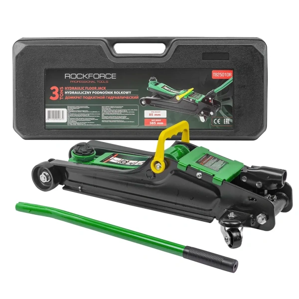 Домкрат подкатной гидравлический 3т низкопрофильный с резиновой накладкой(h min 85мм, h max 385мм),в кейсе