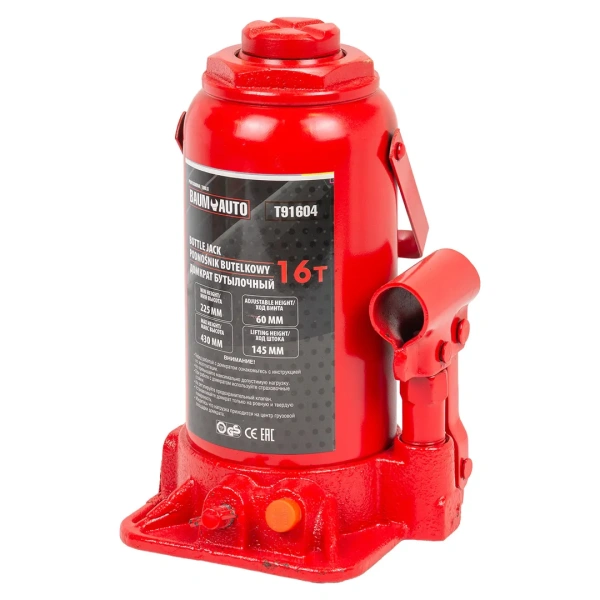 Домкрат бутылочный с клапаном 16т.(h min-225мм,h max-430мм, ход штока-145мм, ход винта-60мм)