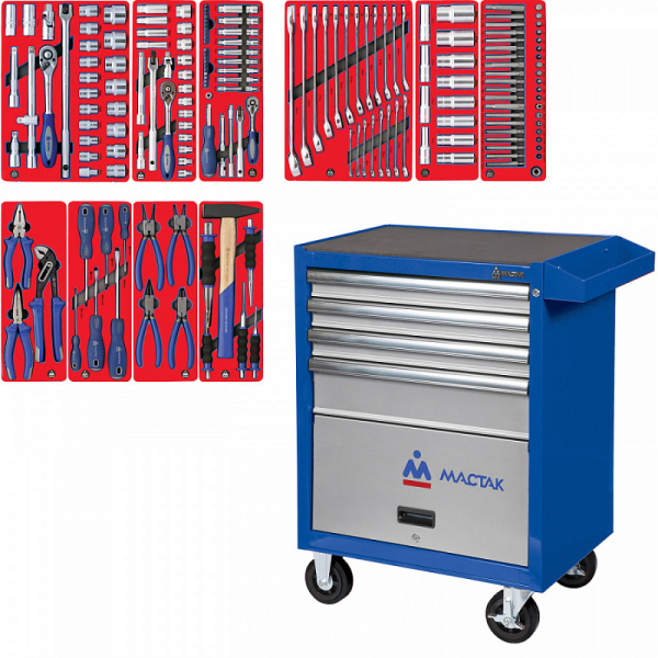 Тележка инструментальная с набором инструментов "СТАНДАРТ" 186 предметов МАСТАК 52-04186B