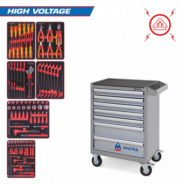 Набор инструментов "HIGH VOLTAGE" KING TONY 934-117AMGE в серой тележке, 117 предметов