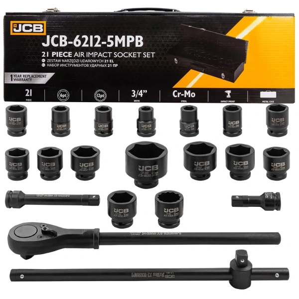 Набор инструментов ударных 3/4''21пр. (6гр.)(17,19,21,22,24,27,30,32,34,35,36,36-12гр,38,41,46,50мм), в металл.кейсе