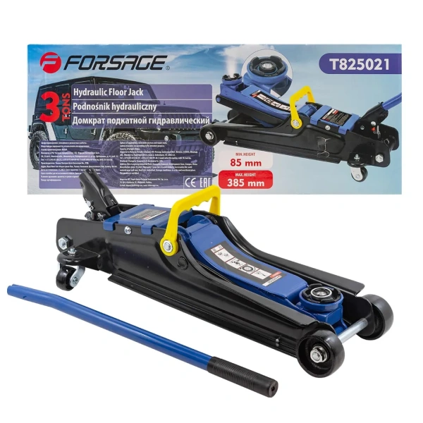 Домкрат подкатной гидравлический 3 т низкопрофильный с воротком и LEDподсветкой (h min85мм,h max385мм)в коробке