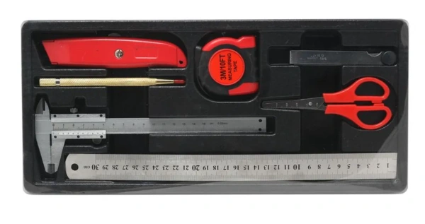 Набор аксессуаров и инструментов измерит-х(ножницы,нож канцеляр.,линейка 300мм,штангенциркуль 150мм,чертилка,к-т щупов 0,05-1мм,рулетка3м)7пр. в лотке