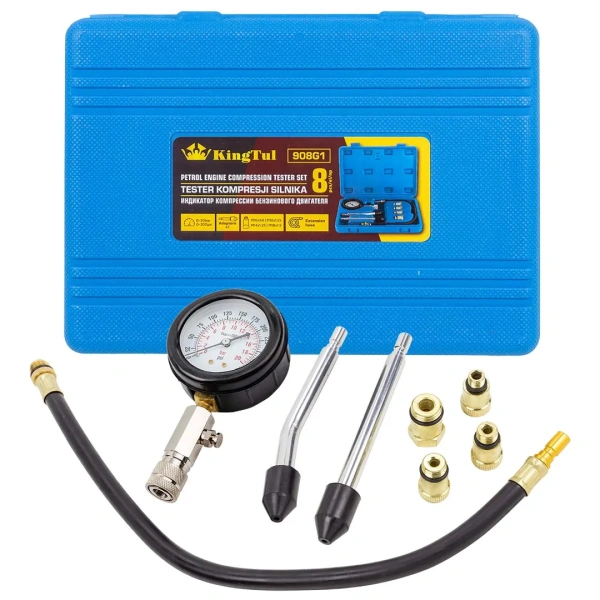 Индикатор компрессии бензинового двигателя 8пр.(0-20Bar, М10х1.0, М12х1.25, М14х1.25, М18х1.5 + 2 жестких прижимных адаптера-переходника),в кейсе