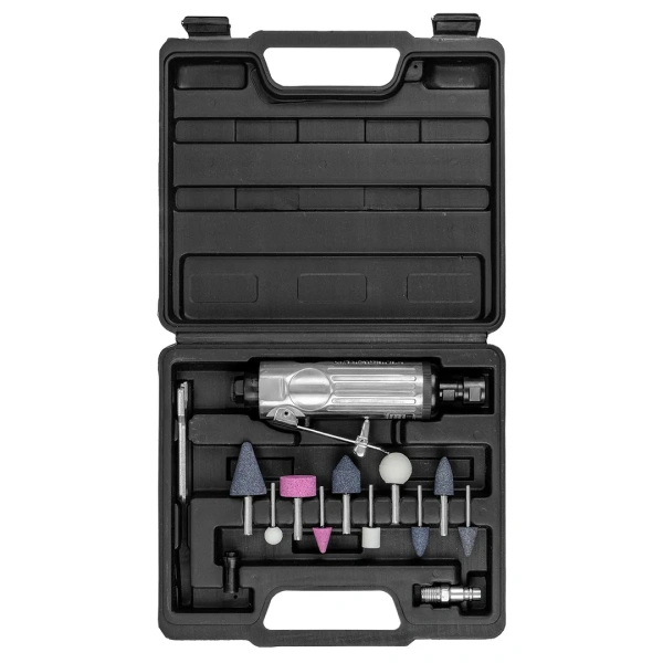 Пневмозачистная машинка с комплектом камней 16пр(цанги:3мм,6мм,21000об/мин,6.3Bar,штуцер 1/4'')в кейсе