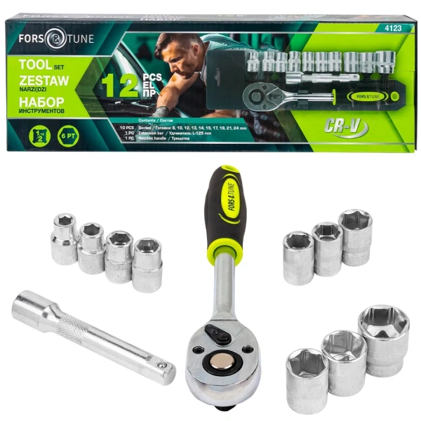 Набор головок с трещоткой и удлинителем 12пр.1/2''(6гр)(8,10,12-15,17,19,21,24мм),в пласт. Держателе