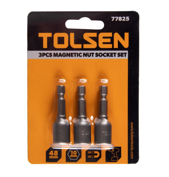 Набор головок для шуруповерта шестигранных 1/4", 10 мм, 48 мм, магнитных 3 предмета TOLSEN TT77825