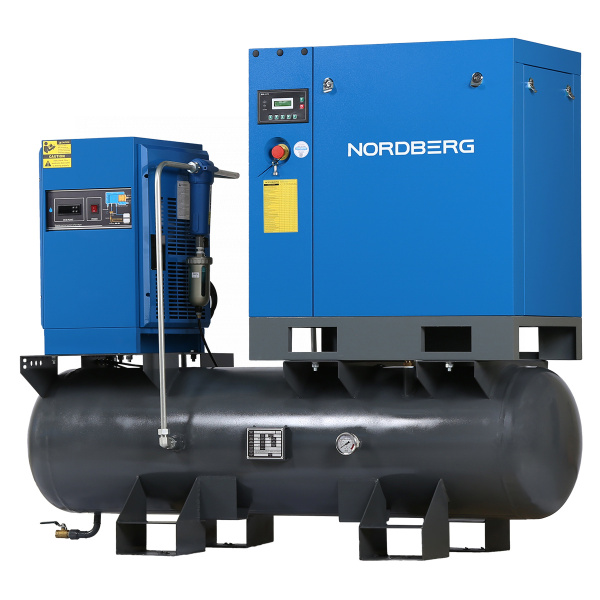 Компрессор винтовой NORDBERG NCC10RD (7,5 кВт, 10 бар, 900 л/мин, ресивер 260 л, IP55, осушитель)