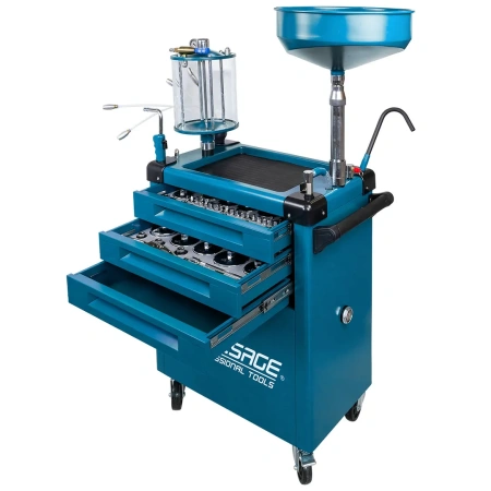 Установка пневматическая для сбора отработанного масла (бак 80л, мерная колба 10л, давление ≤1бар) передвижная с набором спец.инструмента 61пр.