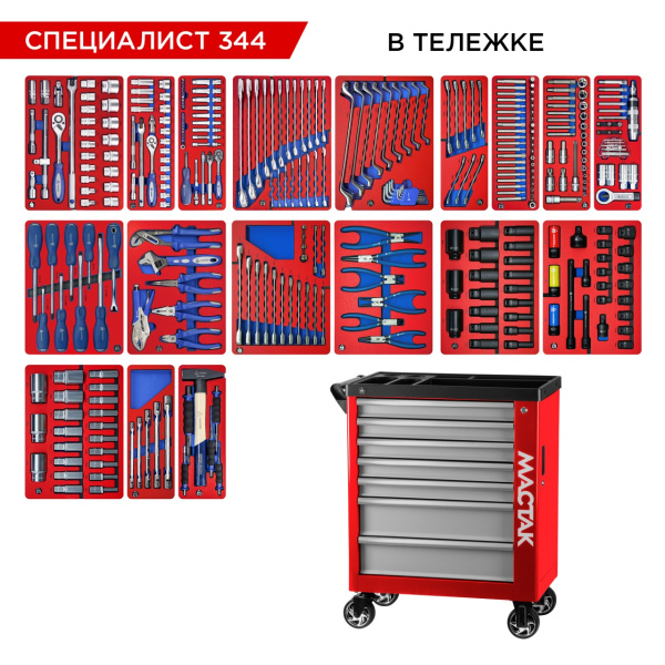 Набор инструментов СПЕЦИАЛИСТ 344 в красной тележке МАСТАК 50-07344R (344 предмета)