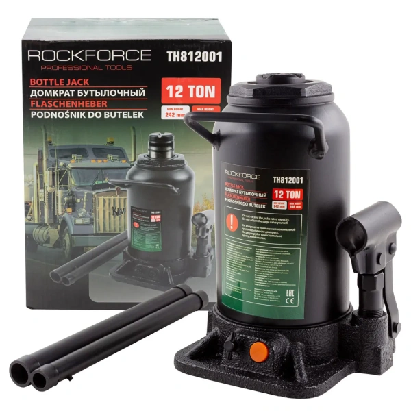 Домкрат бутылочный гидравлический двухштоковый ''Profi''12т с клапаном (h min-242мм, h max-598мм,ход штока-296мм,ход винта-60мм)