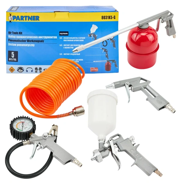 Набор пневмоинструмента 5пр. (краскопульт-сопло 1.5мм,обдувочник,подкачка,промывка+шланг 5м)