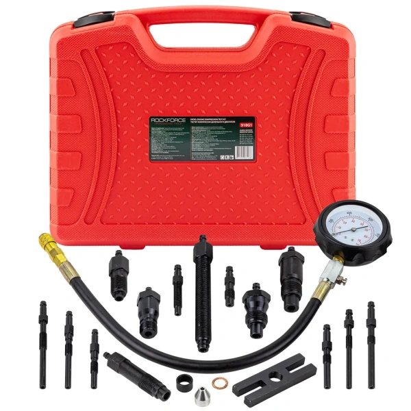 Тестер компрессии дизельного двигателя (имитатор свечи: М10х1.0х91мм, М10х1.0х119мм, М10х1.25х135мм, М10х1.0х83мм,М8х1.0х102мм,М10х1.0х113мм), в кейсе