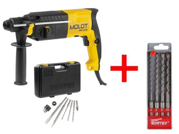 Перфоратор MOLOT MRH 2428 в чем. + (2 зубила, 3 сверла) + АКЦИЯ! Набор буров Wortex в подарок! (Набор буров (сверл) SDS-plus 4 шт. WORTEX в подарок!)