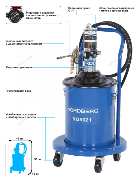 Установка пневматическая для раздачи густой смазки с баком NORDBERG NO5021 (20 л)