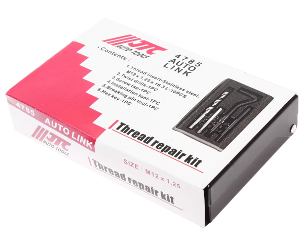 Набор инструментов для восстановления резьбы JTC 4785 (вставки М12х1,25, L=16,3 мм, 10 шт., 14 предметов)
