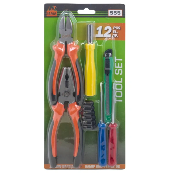 Набор инстр. 12пр.(биты:PH1,2,3,SL4,5,6мм,отвертка-битодержатель 120мм,отвертки:PH0х65мм,SL3х65мм,нож,плоскогубцы 165мм,бокорезы 150мм),в блистере